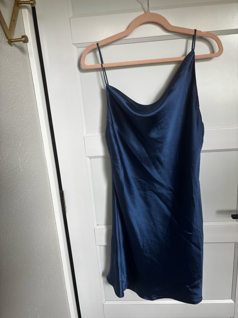 Navy Satin Slip Dress with Cowl Neck